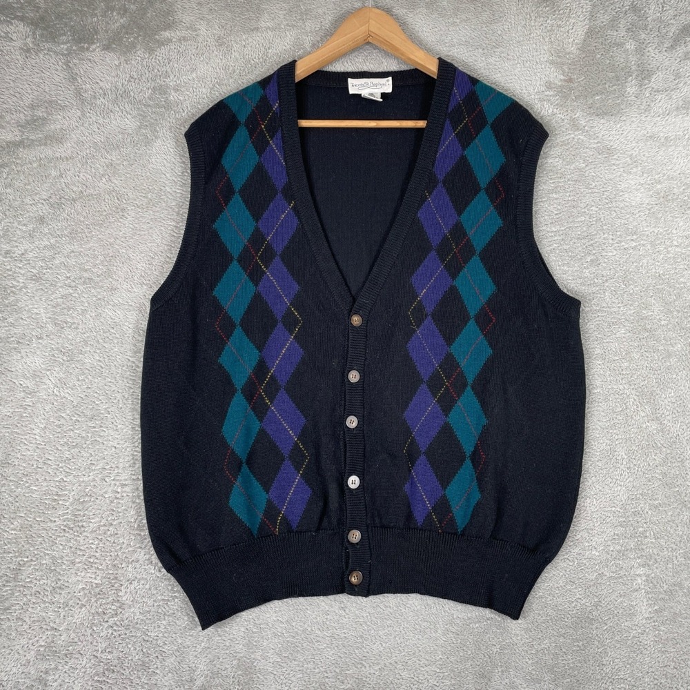 Tricots St Raphael Cardigan Vest Mens XL Black Argyle Merino Wool Preppy Grandpa